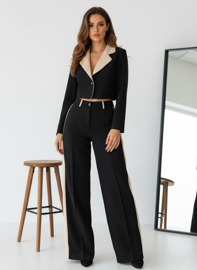 Conjunto negro con detalles beige saco sastre corto