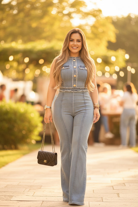 Jumpsuit mezclilla strech botones dorados manga sacada