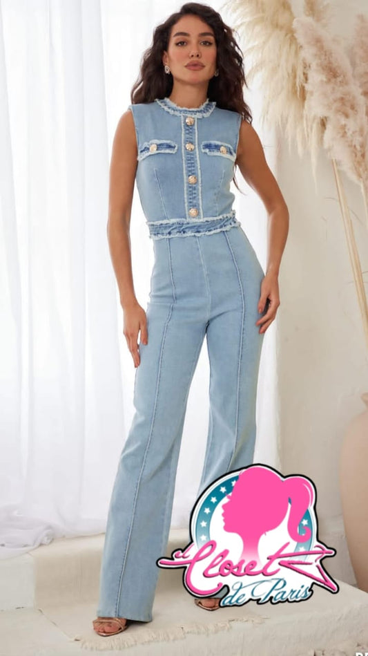 Jumpsuit mezclilla strech botones dorados manga sacada