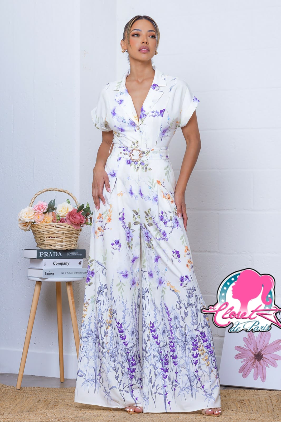 Jumpsuit blanco c/flores lilas