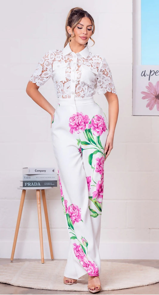 Jumpsuit blanco flores blusa encaje