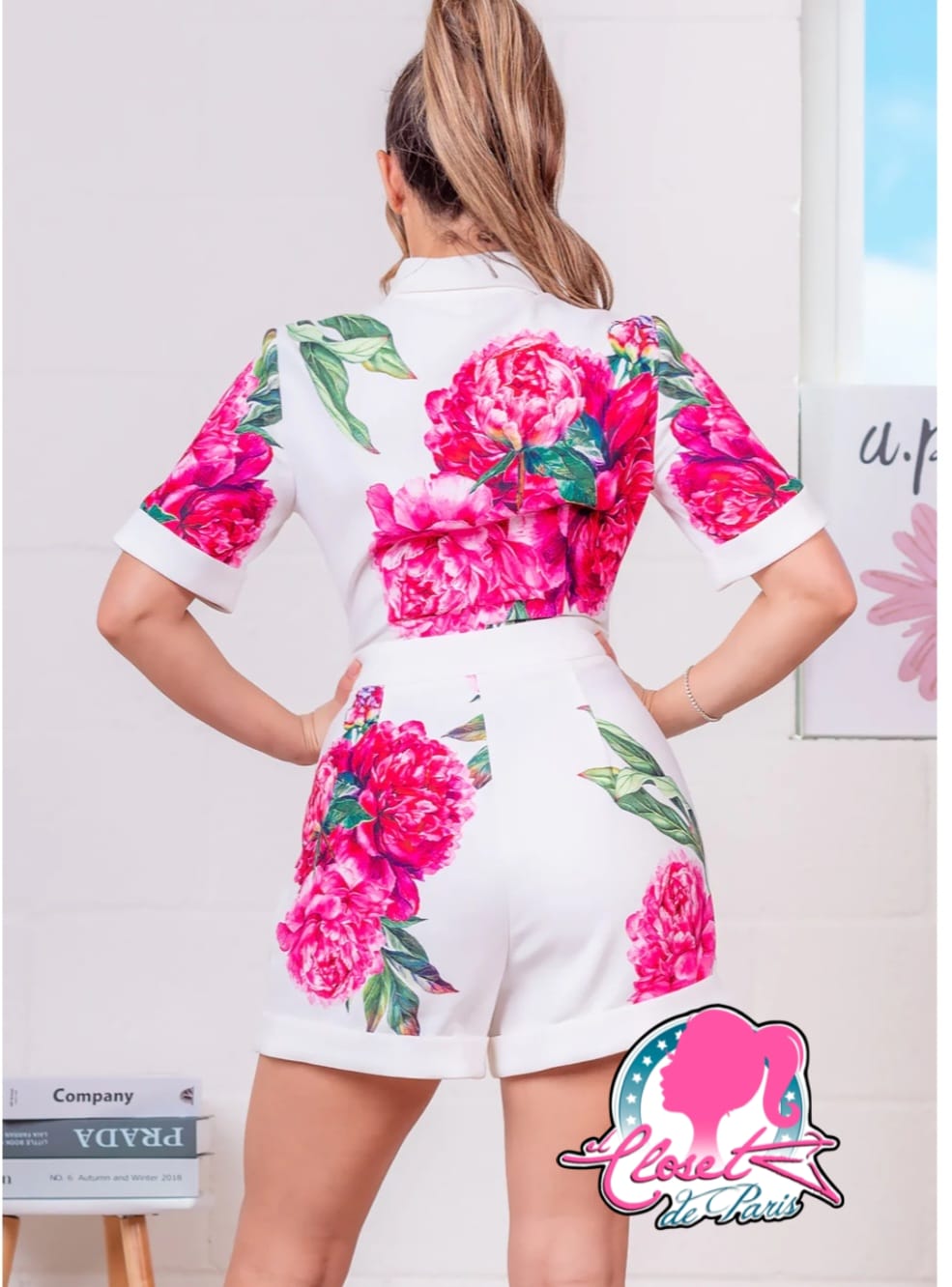 Jumpsuit short flores fuchsia