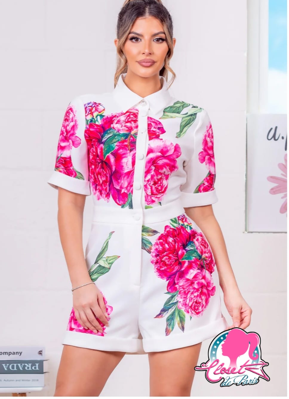 Jumpsuit short flores fuchsia