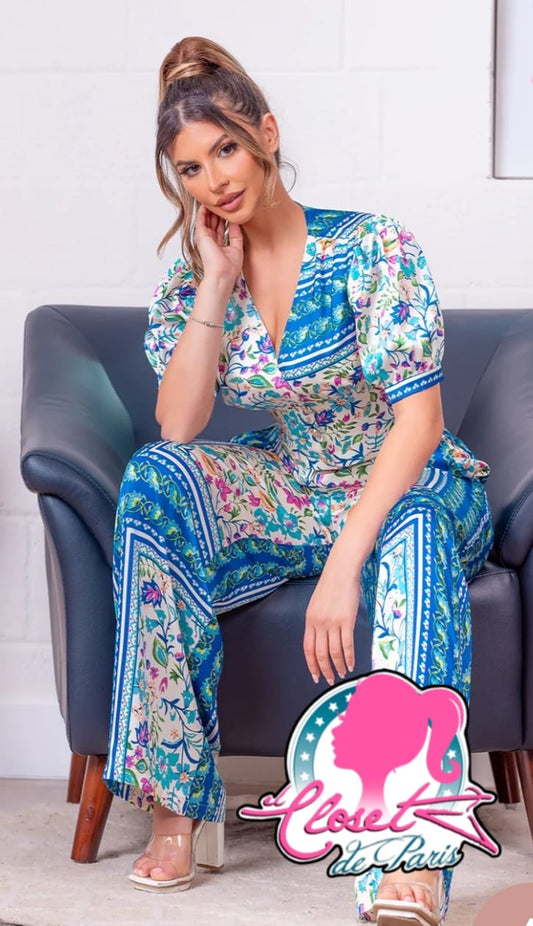 Conjunto de pantalón y top corto floral de satén