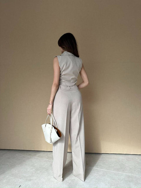 conjunto dos piezas color beige rallas tipo gatsby