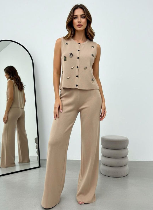 Conjunto de punto hilo color khaki