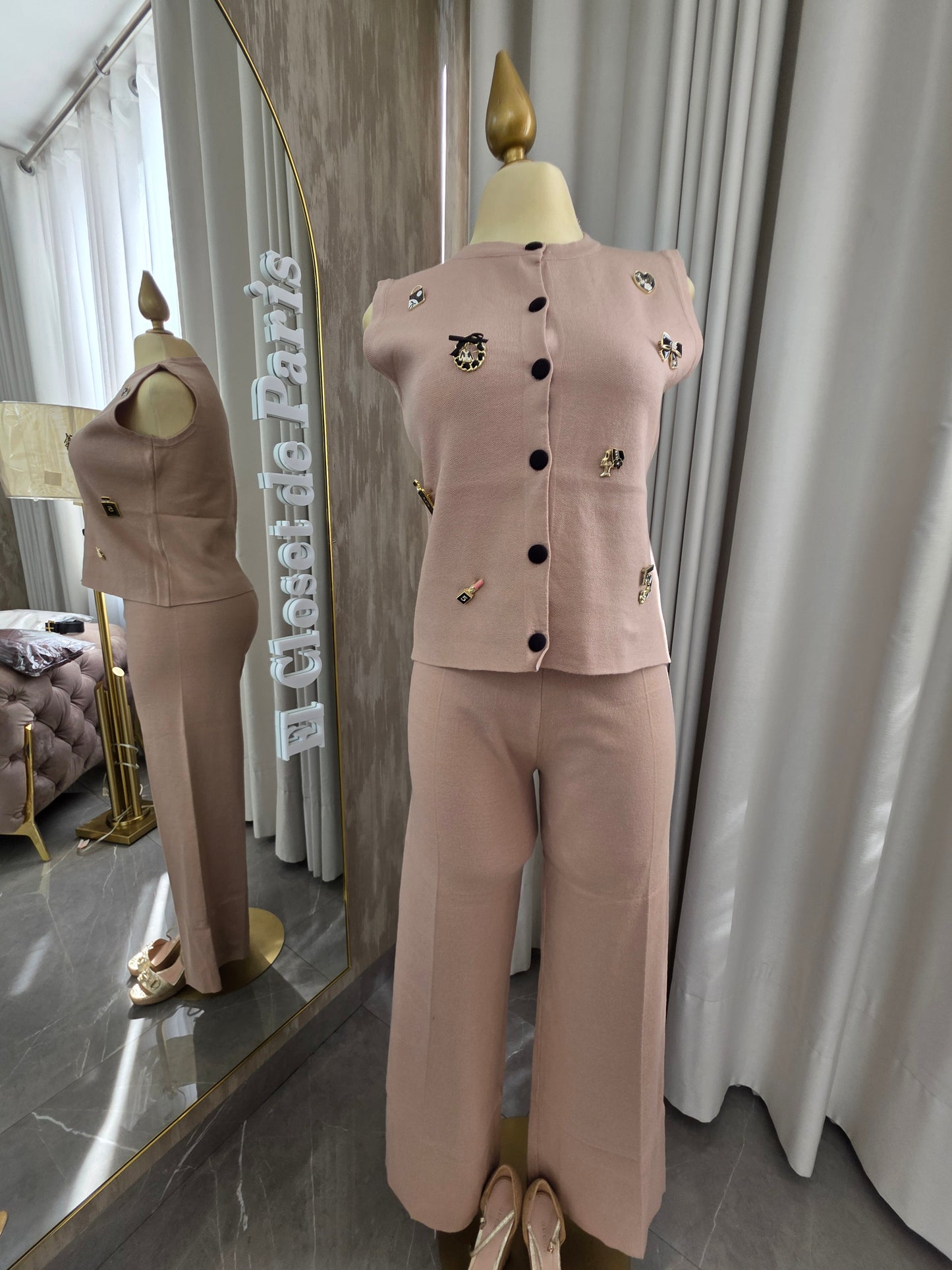 Conjunto de punto hilo color khaki