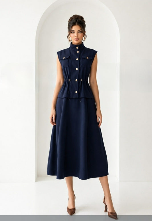 Navy vestido manga sacada